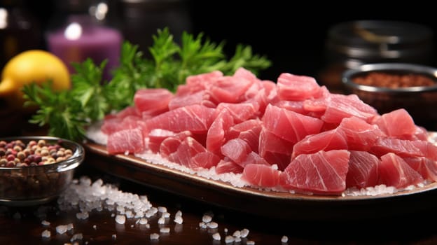 Fresh tuna sashimi slices garnished with mint on a bed of Himalayan salt, served under dim lighting for a sophisticated indulgence.