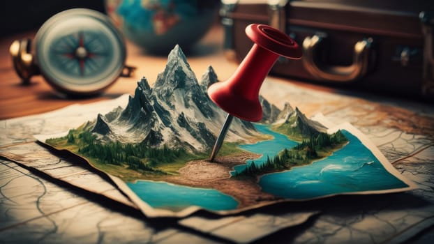Conceptual image of a map with a red pin on a rugged mountainous terrain, reminiscent of themes of exploration and travel.Suitable for advertising travel agencies, or as a storyboard for adventure stories