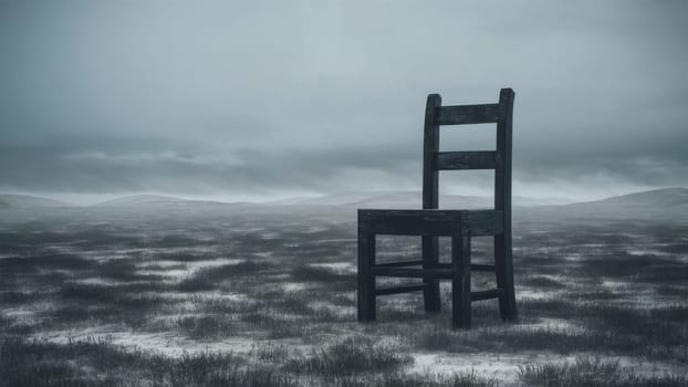 A solitary wooden chair in a misty, desolate field, evoking feelings of isolation and contemplation.mental health awareness or as a powerful visual metaphor in philosophical discussions.