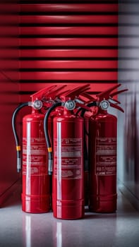 fire safety equipment. Several red fire extinguishers on a smooth red background in the garage emphasize readiness and safety.copy space, personal and industrial security concept.