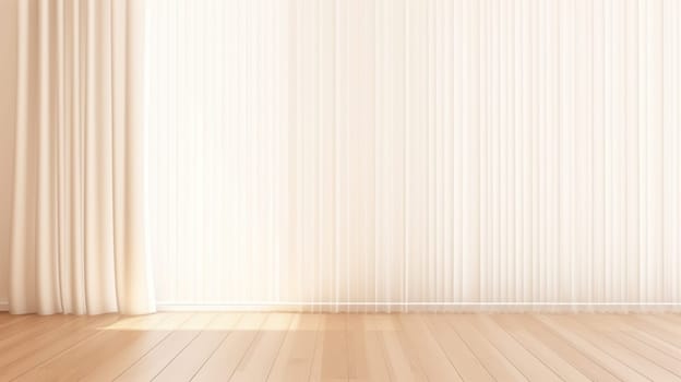 Simple White Curtain and Wooden Floor. A minimalist interior featuring a white curtain and wooden floor, embodying simplicity and elegance with ample copy space.