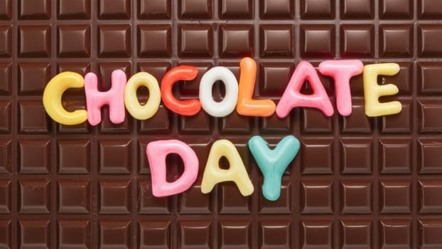 "Chocolate Day"" spelled out in colorful letters on a dark chocolate bar background. Copy space available."