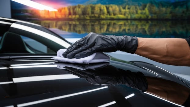 Close-up of a man's gloved hand wiping a car with a microfiber cloth, against a scenic background.