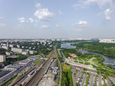 Top view of the city of Moscow, buildings and roads and other infrastructure of the city. Cityscape view from above.