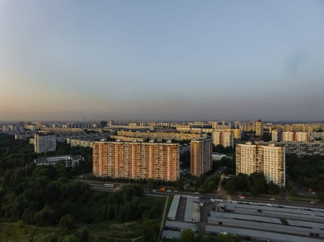 Top view of the city of Moscow, buildings and roads and other infrastructure of the city. Cityscape view from above.