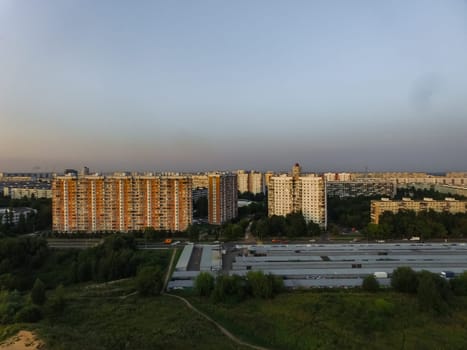 Top view of the city of Moscow, buildings and roads and other infrastructure of the city. Cityscape view from above.