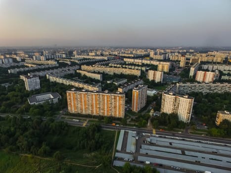 Top view of the city of Moscow, buildings and roads and other infrastructure of the city. Cityscape view from above.