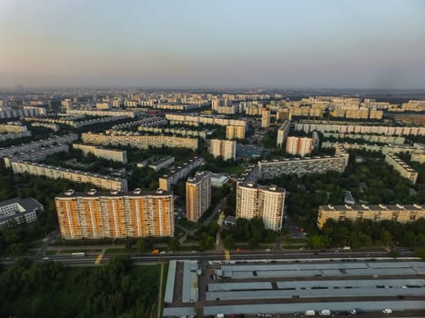 Top view of the city of Moscow, buildings and roads and other infrastructure of the city. Cityscape view from above.