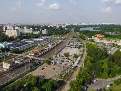 Top view of the city of Moscow, buildings and roads and other infrastructure of the city. Cityscape view from above.