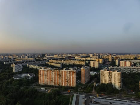 Top view of the city of Moscow, buildings and roads and other infrastructure of the city. Cityscape view from above.