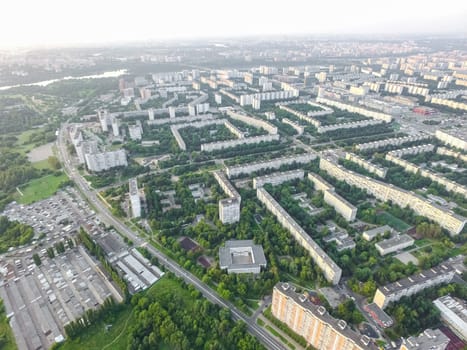 Top view of the city of Moscow, buildings and roads and other infrastructure of the city. Cityscape view from above.