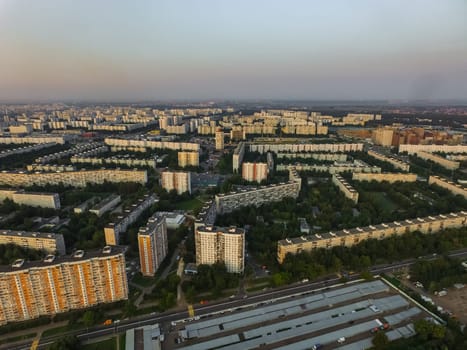 Top view of the city of Moscow, buildings and roads and other infrastructure of the city. Cityscape view from above.