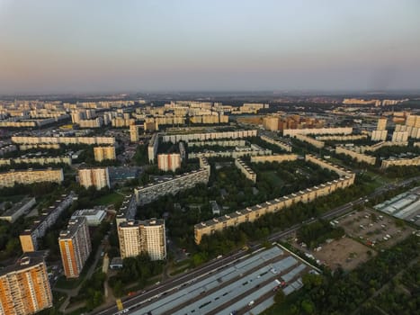Top view of the city of Moscow, buildings and roads and other infrastructure of the city. Cityscape view from above.