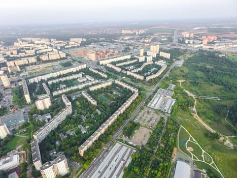 Top view of the city of Moscow, buildings and roads and other infrastructure of the city. Cityscape view from above.