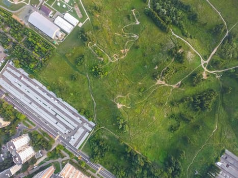 Top view of the city of Moscow, buildings and roads and other infrastructure of the city. Cityscape view from above.