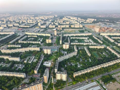 Top view of the city of Moscow, buildings and roads and other infrastructure of the city. Cityscape view from above.