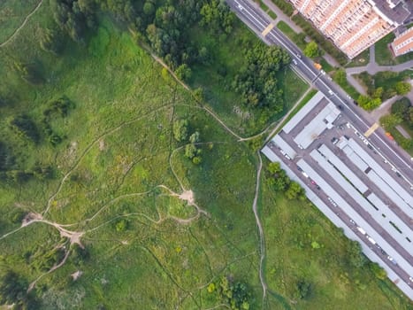 Top view of the city of Moscow, buildings and roads and other infrastructure of the city. Cityscape view from above.