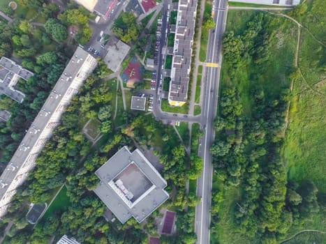 Top view of the city of Moscow, buildings and roads and other infrastructure of the city. Cityscape view from above.