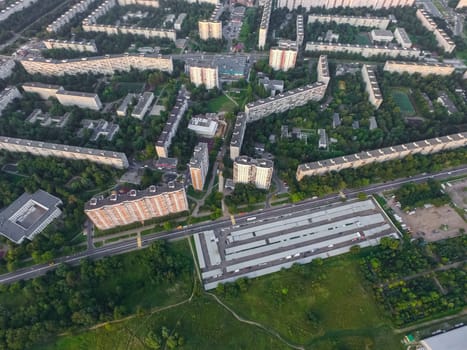 Top view of the city of Moscow, buildings and roads and other infrastructure of the city. Cityscape view from above.