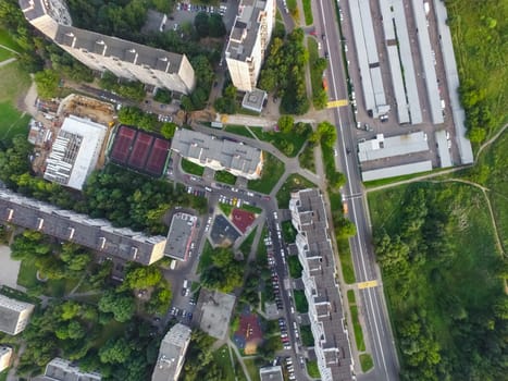 Top view of the city of Moscow, buildings and roads and other infrastructure of the city. Cityscape view from above.