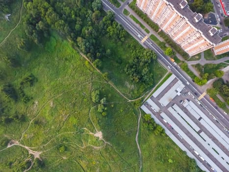 Top view of the city of Moscow, buildings and roads and other infrastructure of the city. Cityscape view from above.