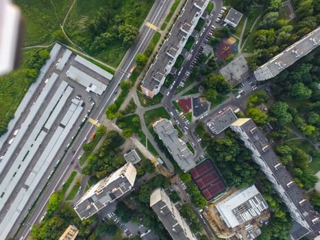 Top view of the city of Moscow, buildings and roads and other infrastructure of the city. Cityscape view from above.