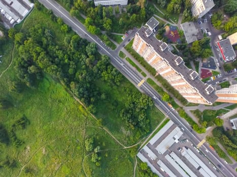 Top view of the city of Moscow, buildings and roads and other infrastructure of the city. Cityscape view from above.