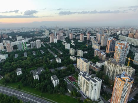 Top view of the city of Moscow, buildings and roads and other infrastructure of the city. Cityscape view from above.
