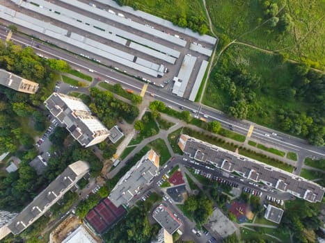 Top view of the city of Moscow, buildings and roads and other infrastructure of the city. Cityscape view from above.