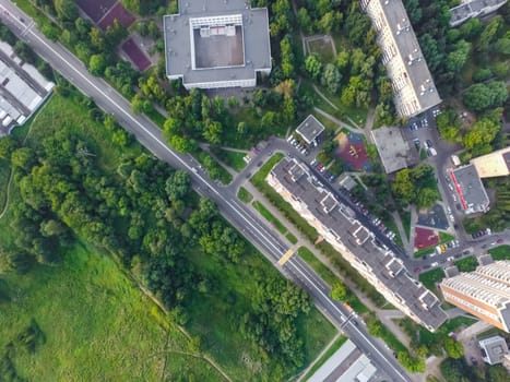 Top view of the city of Moscow, buildings and roads and other infrastructure of the city. Cityscape view from above.