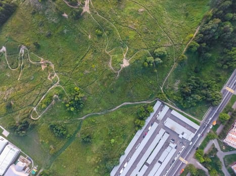 Top view of the city of Moscow, buildings and roads and other infrastructure of the city. Cityscape view from above.