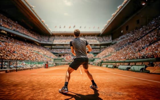 A young male tennis player, in his 20s, dressed in a dark athletic outfit, prepares to return a serve at a clay court tennis stadium filled with spectators.Keywords: