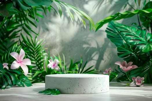 Product display with a stone podium set amidst a tropical plants and flowers.AI generated