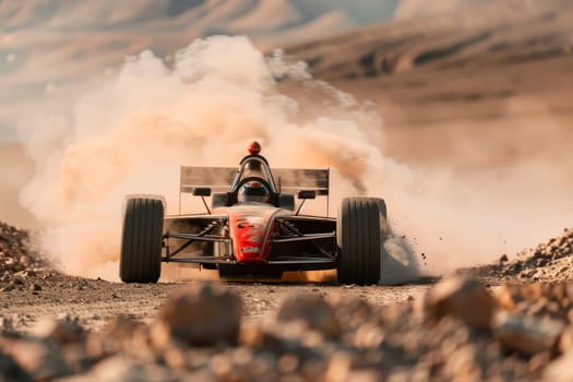 A formula car drives through a dusty desert, kicking up dust. AI generated