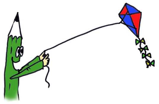 Drawn pencil figure flying a colorful kite isolated on white