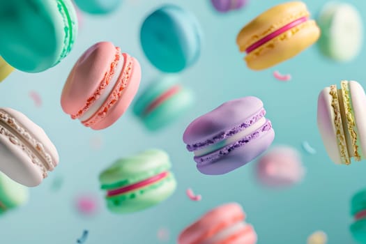 Pastel pink, purple, green, blue, cream and yellow colors macaroons floating in the air. AI generated