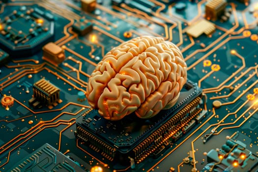 Human brain on the circuit board, surrounded by electronic components. Brain representing artificial intelligence technology. AI generated