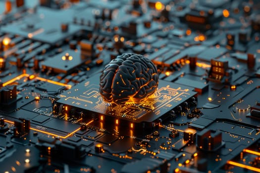 Human brain on the circuit board, surrounded by electronic components. Brain representing artificial intelligence. AI generated