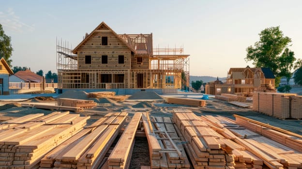 Unfinished, ecological wooden house and building construction site. AI generated