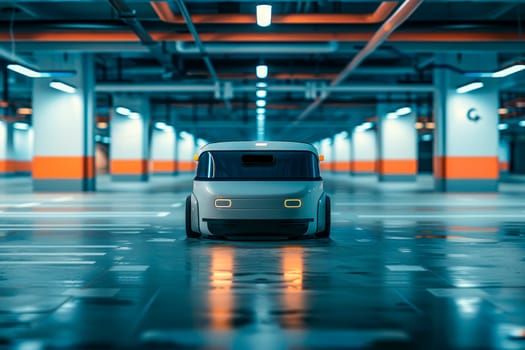 Small robotic vehicle on empty undeground parking, future transport concept. AI generated