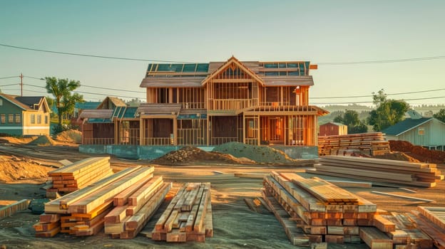 Unfinished, ecological wooden home and building construction site. AI generated