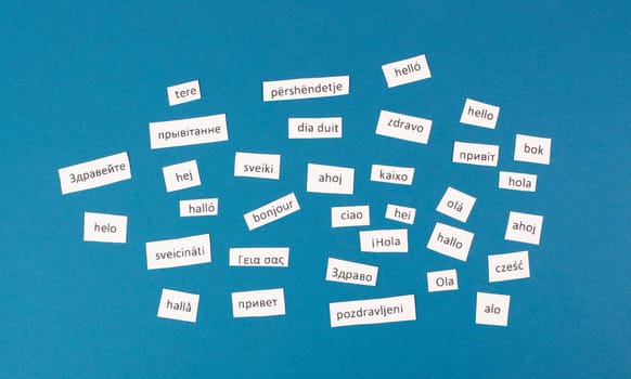European languages, word hello in different language spoken in Europe, concept of multilingual business and community, multilingualism in the EU
