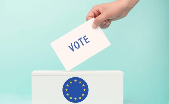 EU election, ballot box, european union flag, blue and yellow stars, citizens of Europe voting Parliament
