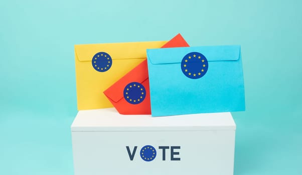EU election, ballot box, european union flag, blue and yellow stars, citizens of Europe voting Parliament