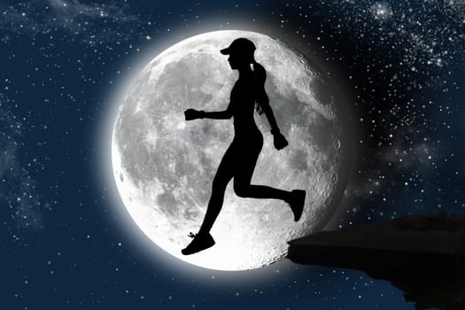 Silhouette of young woman jumping on sky background with moon at night.