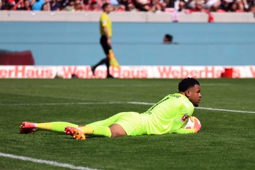 Goalkeeper Noah Atubolu (SC Freiburg) at the match of the 1st FBL: 23-24: 33rd Sptg. SC Freiburg - 1st FC Heidenheim  DFL REGULATIONS PROHIBIT ANY USE OF PHOTOGRAPHS AS IMAGE SEQUENCES AND/OR QUASI-VIDEONann  Photo: Joachim Hahne/johapress
