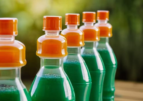 Array of vividly colored plastic bottles with orange caps displayed outdoors, highlighting eco-friendly packaging against a green, natural background.