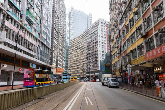 Hong Kong 08 April 2024: Tramway in Hong Kong North Point district