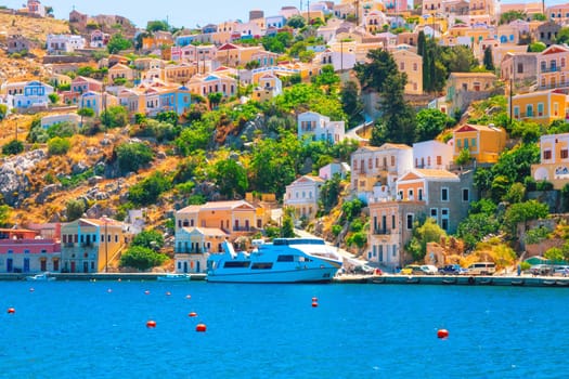 SYMI, Greece - JUN 03, 2021 The ship is moored in the port of Symi, belongs to the Sebeco Lines fleet and sails back to the island of Rhodes. It offers space for 200 passengers.