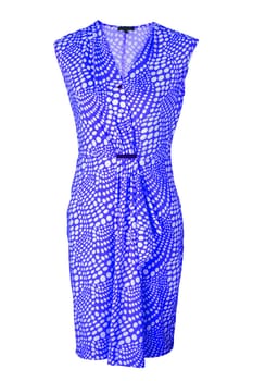 Dress isolated. Close-up of a colorful elegant stylish sleeveless blue summer dress or sundress with white dots isolated on a white background. Clipping path.
